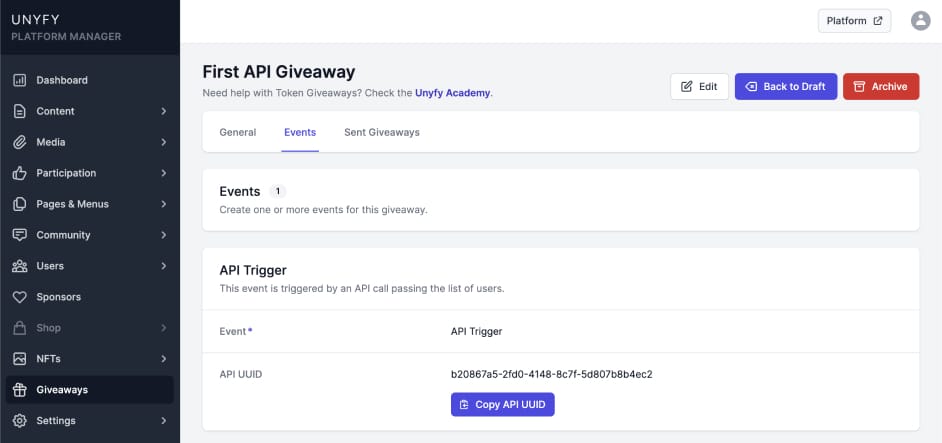 API-based Giveaways on Unyfy