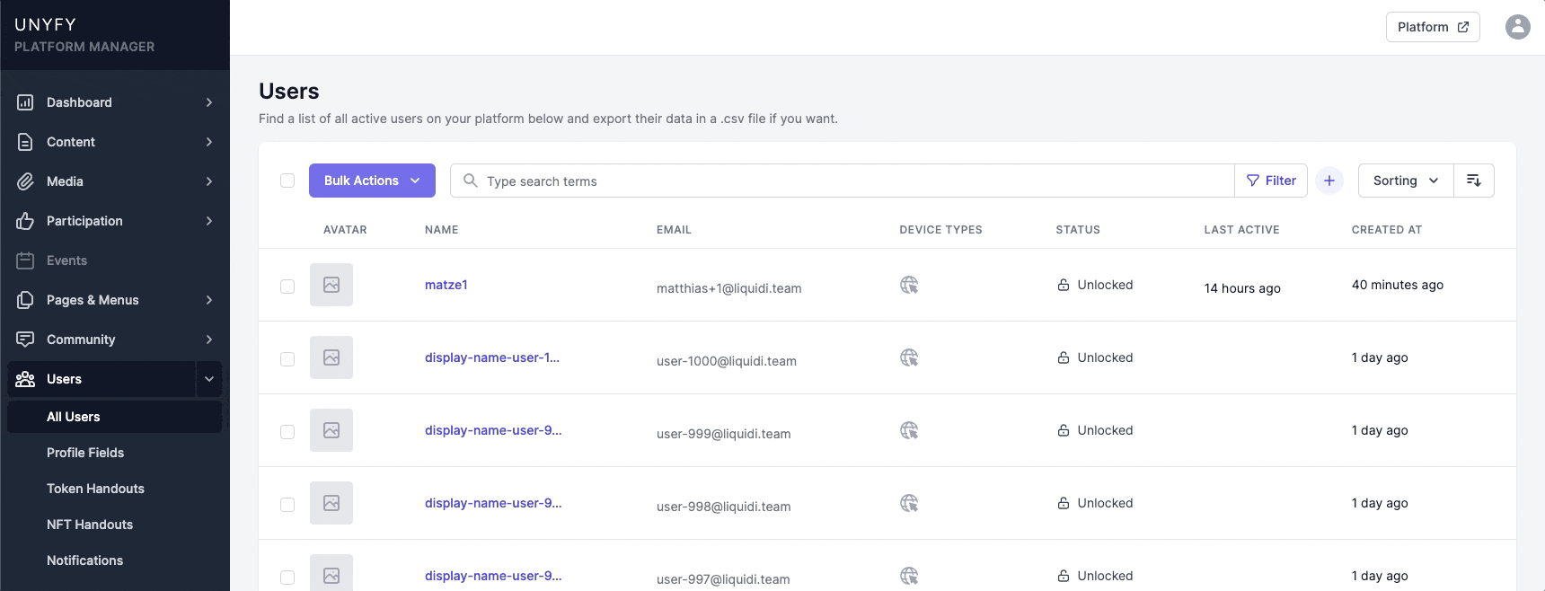 Using the new search function in the Unyfy Platform Manager